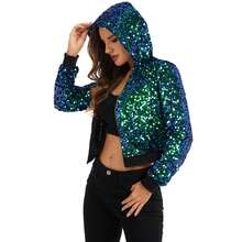 Women's Sequin Zip-Up Hooded Jacket With Ribbed Hem And Long Sleeves For Party Wear - Green - View 4
