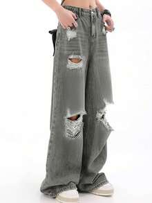 Women's Distressed Straight Leg Jeans Casual Spring - Grey - View 3