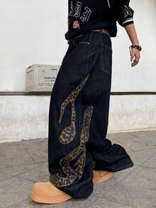 1 chiếc quần jeans ống rộng kiểu Mỹ cổ điển, thêu họa tiết, dáng rộng thoải mái, phù hợp cho mọi mùa (Không bao gồm thắt lưng và phụ kiện) - màu đen - Xem 3