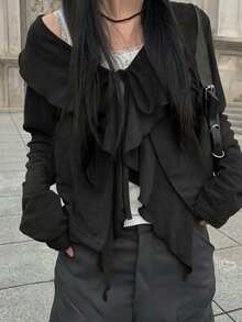 复古荷叶边下摆系带休闲长袖开衫外套 - 黑色 - 查看 2