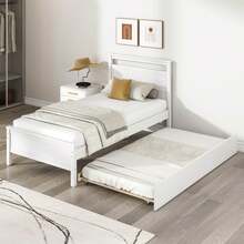 Twin Size Platform Bed W/ Trundle Pull-Out Trundle Headboard & Footboard - mặc định - Xem 3