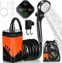 Ducha portátil para Acampar, 7800 mAh, Ducha eléctrica para Exteriores, Bomba Recargable con Pantalla Digital Inteligente, Cabezal de Ducha con Pantalla Temperatura para Acampar - Naranja - Ver 2