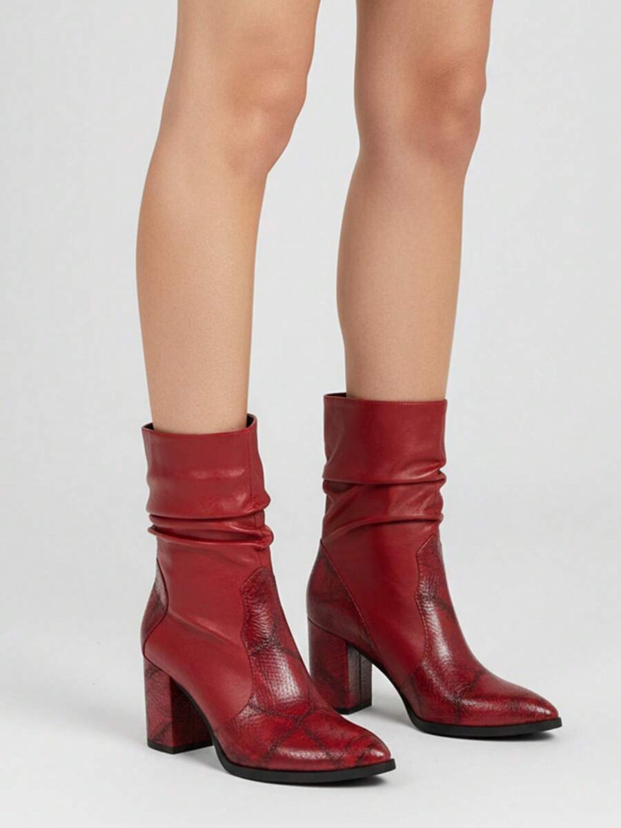 2025 Autumn/Winter, Fashionable Retro Snake Skin Embossed Pointed Toe Chunky Heel Ankle Boots, Outdoor, Warm, Classic, Winter - Burgundy - View 1