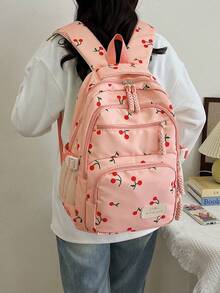 Conjunto de 3 peças de mochila dobrável de nylon rosa com estampa de morango, laço e cereja, com cordão, zíper e grande capacidade. Ideal para uso diário, faculdade, treinos, escola, compras e viagens. Perfeita para mulheres, estudantes, treinos, escola e viagens. - Rosa - Ver 8