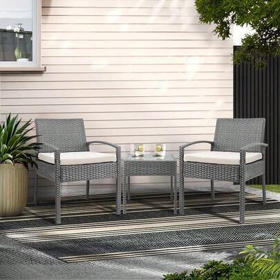 Outdoor Bistro Set Wicker Patio Furniture Table And Chairs, Lounge Setting Backyard Garden Porch, With Cushions Ar...