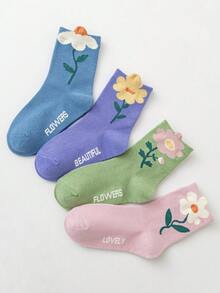 4雙女孩花和字母圖案透氣中筒襪適用於日常生活 - 彩色 - 查看 9