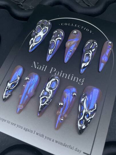 10pcs Handmade Blue Punk Style Acrylic Nail Tips, Cute Long Pointed Nail Art Set For Summer & Autumn, Including Line Art Vampire Nails, Shiny Chrome Gold Nails, Glossy Gothic Style Fake Nails, Creative Skull Nail Art, Acrylic Nail Supplies, Nail Art Design, Halloween Nails For Women & Girls