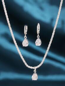 Nooxian 1 Bộ trang sức bạc, Dây chuyền hình sâu bướm lấp lánh, Dây chuyền mặt đá Cubic Zirconia hình giọt nước màu trắng và 1 đôi bông tai, Bộ trang sức nữ - Bạc - Xem 4