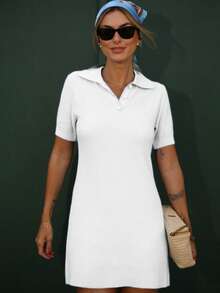 Women's Midi Dress, Short Polo Collar, Modal Knit, Short Sleeves, V-Neck, Buttons, Summer , Light Colors, Candy Colors, Pastel Shades, Christmas, New Year's, Parties - 白色 - 查看 2