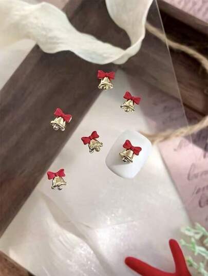 4pcs Red Bow Bell Christmas Cute Nail Art Decorations, Metal Accessories Korean Ins Style Nail Jewelry, Suitable For Nail Salons, Christmas Style Nail Decor
