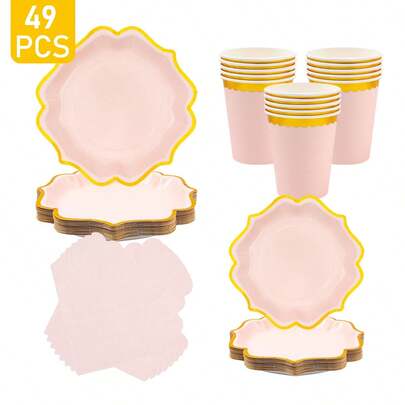 8pcs Blush Pink Rimmed Floral Shaped Disposable Plate, Napkin And Cup Set, Plates, Napkins And Cups Party Supplies, Suitable For 8 Guests, Disposable Paper Plates Party Tableware For Birthday, Wedding, Theme Party, Family Picnic