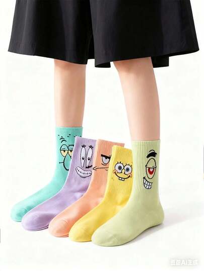 1 pezzo Colore casuale/5 pezzi Set di 5 calzini equipaggio divertenti a cartoni animati, stile Harajuku calzini lunghi per coppie