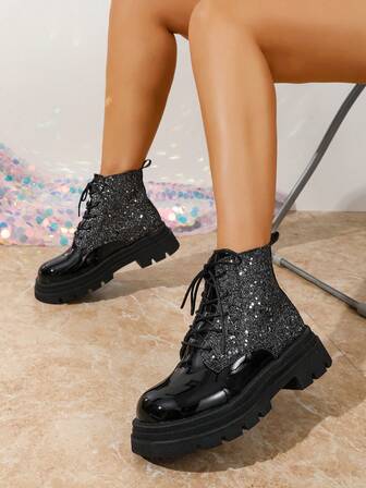 Black Sequin Patchwork Platform Boots - Women's Outdoor Style - Lace-Up Design Slimming - Suitable For Fashion Shoots And Multiple Occasions - Essential For Autumn/Winter