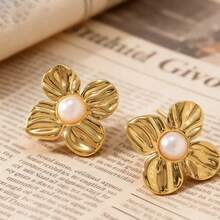 1 Pair Asymmetrical French Pearl Stud Earrings, Stainless Steel Titanium Flower & Shell Pearl Earrings Jewelry For Women