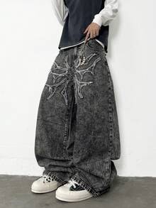 1 chiếc quần jeans ống rộng dáng suông thêu họa tiết phong cách American Vintage High Street, quần dài rộng rãi thoải mái (Không bao gồm thắt lưng và phụ kiện) - màu đen - Xem 4