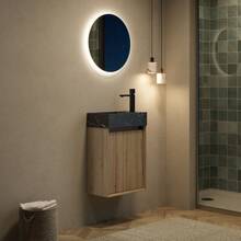 VITO 40cm Wall-Mounted Bathroom Sink With Undermount Sink In Black Marble With Stone Pattern, Solid Wood Cabinets With Stripes, One Door, Pre-Assembled, White Oak Grain Color - 1 - View 7
