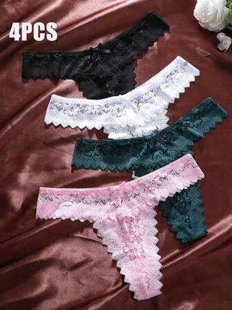 4 piezas de bragas sin costuras de encaje, ropa interior sexy de tanga con levantamiento de glúteos de cintura baja para mujeres
