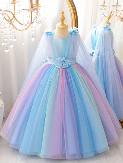 Girls' Sweet Rainbow Gradient Tulle Shawl Long Princess Dress, Ethereal Fairy Dress For Girls, Suitable For Hosting, Singing, Children's Day, Birthday Party, Piano Recital, Wedding, And Other Special Occasions