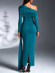 Vestido de fiesta, boda, club, sexy para mujer con cuello asimétrico, manga larga, drapeado y ajustado para fiestas, conciertos country, Navidad y noches de fiesta