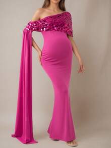 拼接纯色不对称/不对称亮片拼接拉链正式晚礼服孕妇装