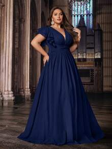 QOQ Romantic Solid Color Plus Size Women Formal Dress Bridesmaid Evening Dresses Suitable Wedding,Birthday Party, Formal Events V-Neck Flounce Sleeve Gown - Navy Blue - View 5