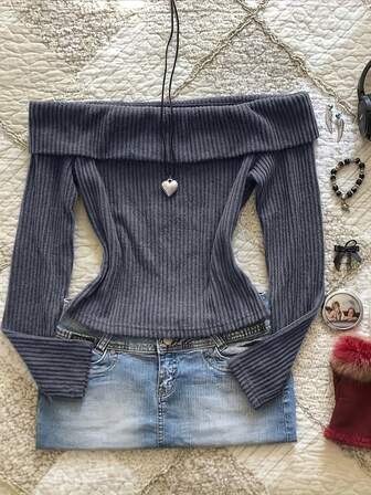 纯色露肩修身休闲百搭长袖上衣