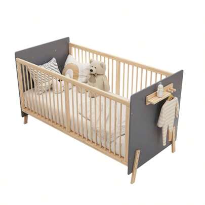 Solid Wood Baby Bed, Adjustable Children's Bed With Three-Stage Height Adjustment, Paint Finish, Can Be Used As A Cot/Sofa Bed, Without Mattress, Blue-Grey + Natural Wood Color, 163x80x92cm