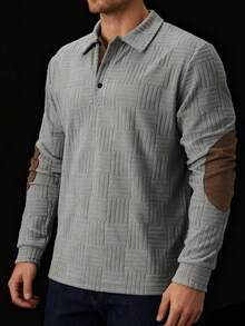 Men's Long Sleeve Vintage Knitted Textured Polo Shirt, Brown, Soft & Comfortable, Versatile For Autumn/Winter, Retro Style For Daily Wear & Commute - Brown - View 9