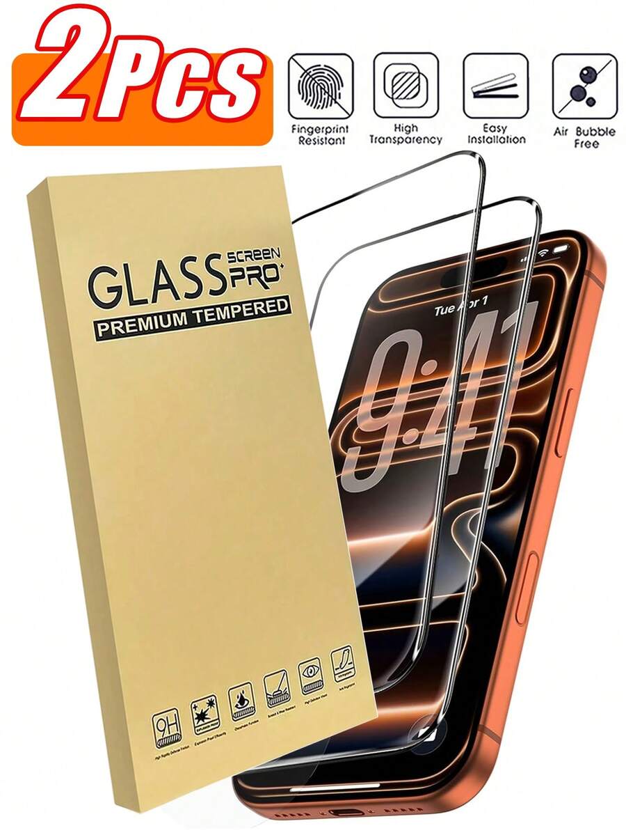 2pcs Tempered Glass Screen Protector, Compatible With IPhone 17 Pro Max, 17 Air, 16 Pro Max, 16e, 7, 8 Plus, X, XR, XS Max, 15, 13, 11, 12, 14 Pro Max, Mini, Full Coverage, Black Frame, Scratch-Resistant, Screen Protection, Compatible With Phone Case - Clear - View 1