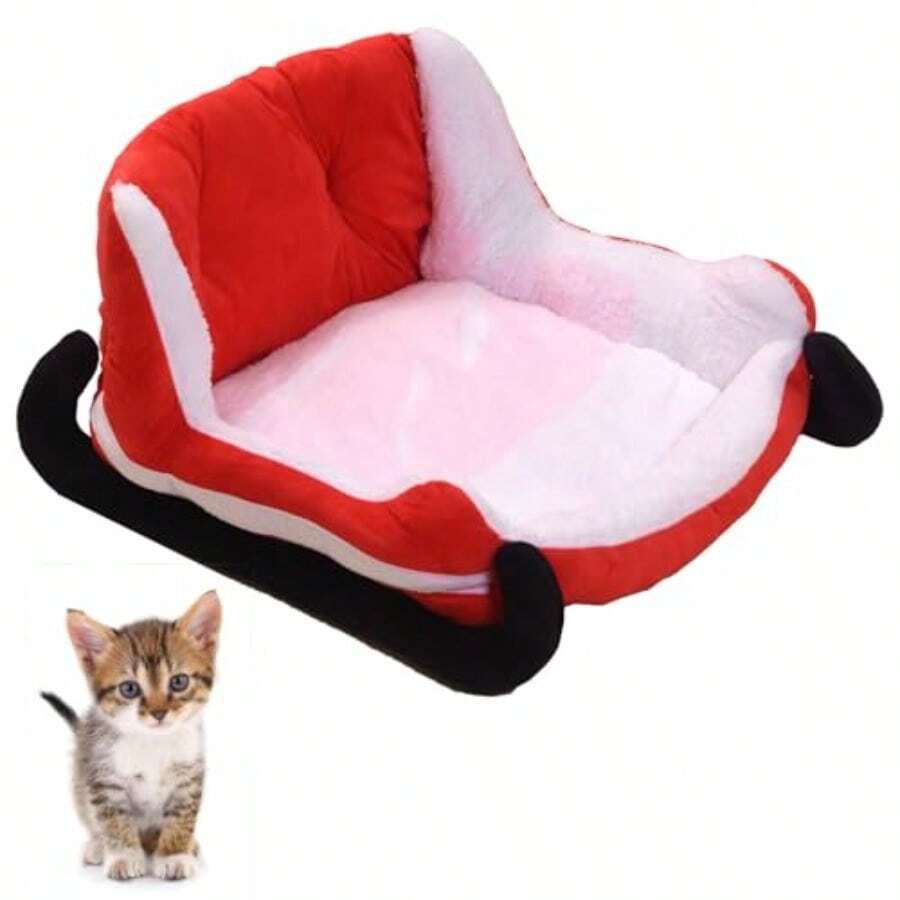 Genérico ChristmasThemed Pet Dog Bed Red Sleigh Cat Sofa Warm Christmas Pet Bed Suitable for Small to Medium Cats and Dogs - como en la foto - Ver 1