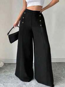 Pantalón largo de mujer de talla grande para otoño/invierno, de unicolor con botones, elegante, de corte ajustado, con estilo de pierna ancha, para ir a la oficina, banquetes, fiestas, bodas, Navidad - Negro - Ver 4