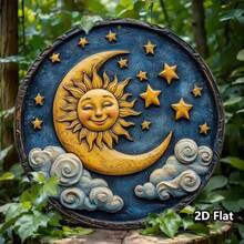 [2D Flat] 1pc Vintage Sun & Moon Metal Wall Art - 8x8 Inch Aluminum Sign With Celestial Design, Golden Sunburst & Stars - 彩色 - 查看 5