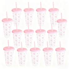 10pcs Pink Belt Bow Plastic Water Bottle With Straw And Lid, Reusable Plastic Cup, Cold Drink Cup, Iced Coffee Suitable For Home And Office Use, Decoration, Gifts, Birthdays, Parties, Holiday Cup, Summer Water Bottle, Vintage Drinking Water - 藍色 - 查看 1