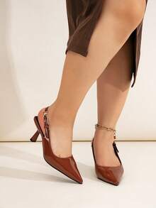 Breit geschnittene braune glänzende Metallic-Schnallen-Dekor Riemen Stiletto-Absatz Kleid Pumps, vielseitig für den täglichen Gebrauch, Bankette, Partys, Mode für Frauen in Große Größen, burgunderrote Absätze - Braun - Übersicht 4