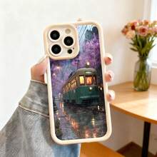 Cubierta de teléfono con diseño de tranvía en otoño verde con flores púrpuras y reflejos en la lluvia para uso diario y viajes - Blanco - Ver 2