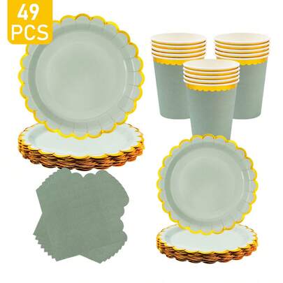8pcs Sage Green Gold Rim Petal Shaped Disposable Plate, Napkin And Cup Set, Plates, Napkins And Cups Party Supplies, Suitable For 8 Guests, Disposable Paper Plates Party Tableware For Birthday, Wedding, Theme Party, Family Picnic