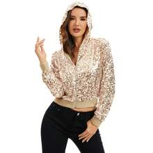 Women's Sequin Zip-Up Hooded Jacket With Ribbed Hem And Long Sleeves For Party Wear - Champagne - View 1