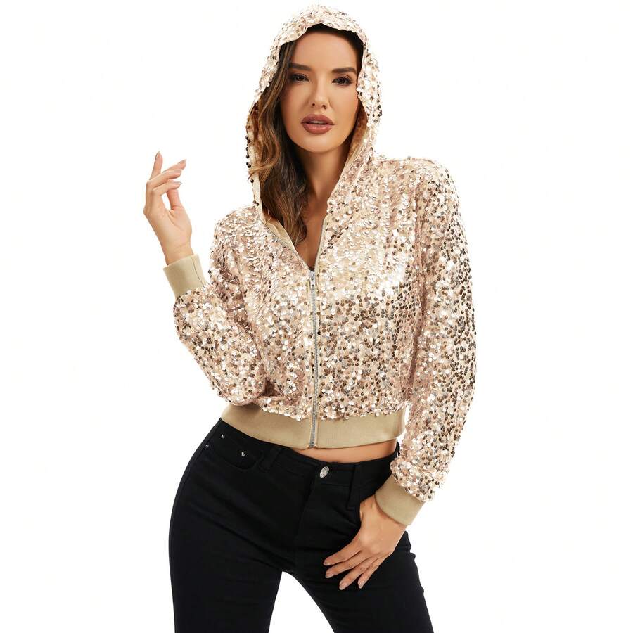 Women's Sequin Zip-Up Hooded Jacket With Ribbed Hem And Long Sleeves For Party Wear - Champagne - View 1