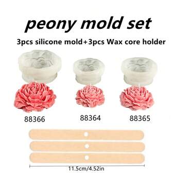 L/M/S Size Peony Flower Silicone Mold Set With Wax Core Holder For DIY Soap And Candle Making, 1 Set Craft Candle Plaster Resin Casting Mold - Reusable, Easy To Demold