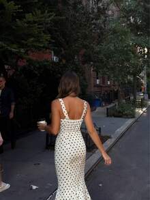 女士优雅休闲性感经典波点图案美人鱼下摆吊带长裙 - 水钻领口，前襟纽扣镂空设计，修身剪裁，后背系带，轻盈无弹梭织长裙，夏季度假必备 - 彩色 - 查看 6