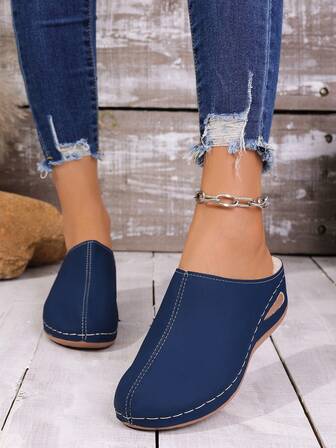 2025 Autumn/Winter New Slip-On Slippers For Women, Wedge Heel, Plush Lining, Casual Closed Toe Mules