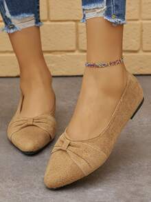 Sapatilhas Tipo Balé de Bico Fino com Laço, Estilo Minimalista de Cor Sólida, Salto Baixo, Plus Size, Fácil de Calçar, Elegantes para Uso Diário na Cor Marrom, Sapatos Femininos Plus Size