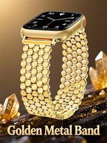 1pc Metal Strap Smartwatch Strap, Honeycomb Compatible Men's And Women's AppleWatch Band, Compatible AppleWatch Band 38mm 40mm 41mm 42mm 44mm 45mm 49mm, Compatible With Apple Smart Watch Series Ultra/SE10/9/8/7/6/5/4/3/2/1 - Gold - View 1