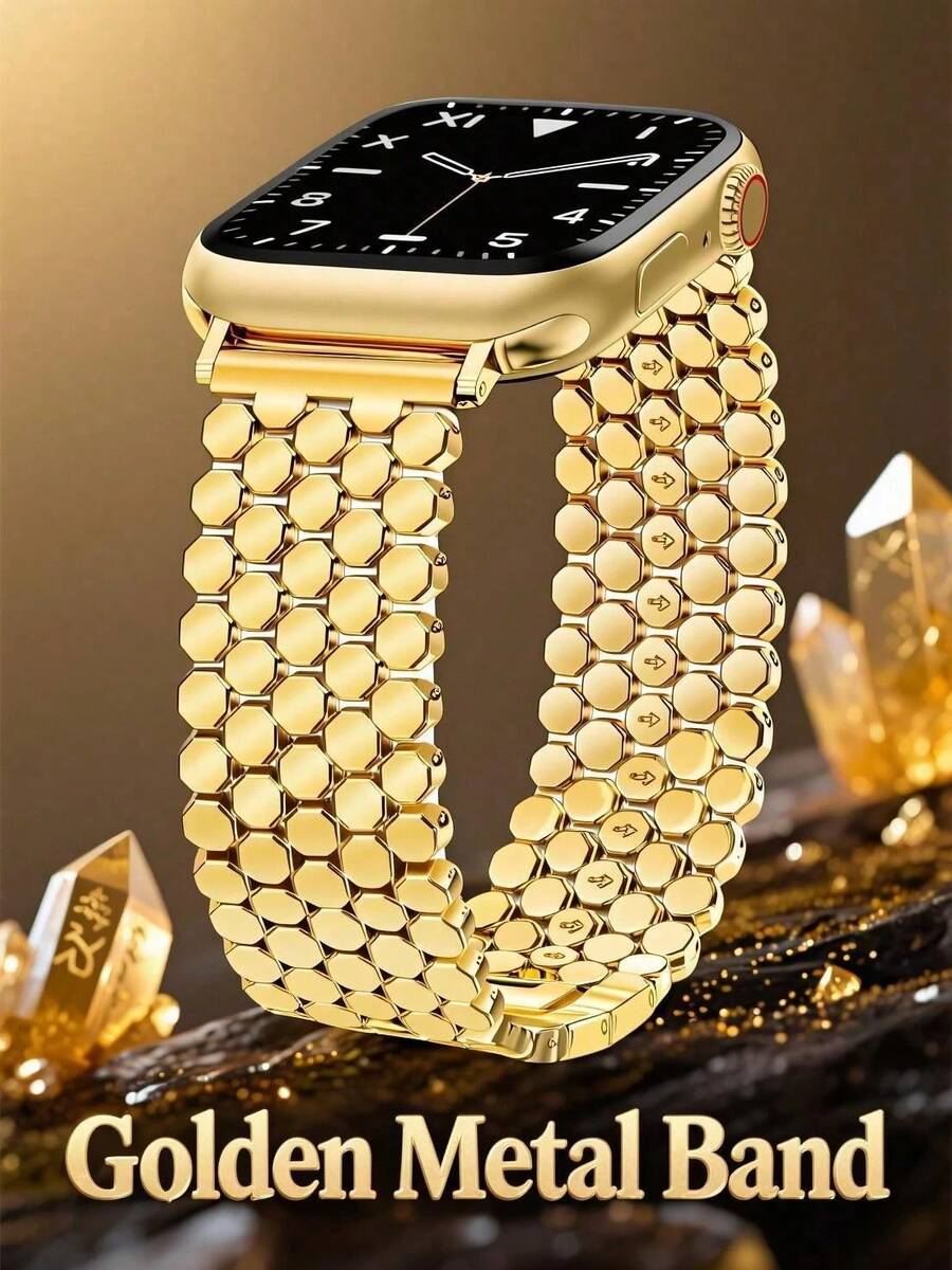 1pc Metal Strap Smartwatch Strap, Honeycomb Compatible Men's And Women's AppleWatch Band, Compatible AppleWatch Band 38mm 40mm 41mm 42mm 44mm 45mm 49mm, Compatible With Apple Smart Watch Series Ultra/SE10/9/8/7/6/5/4/3/2/1 - Gold - View 1