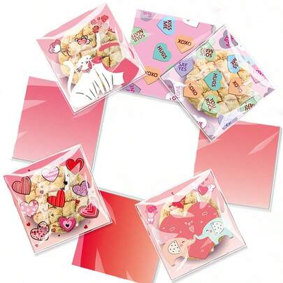 50pcs/Pack Romantic Pink Heart Shape OPP Self-Adhesive Bags, Small Gift Packaging Bags, Couples Wedding Party Holiday Gift Decoration Bags (Random Style)
