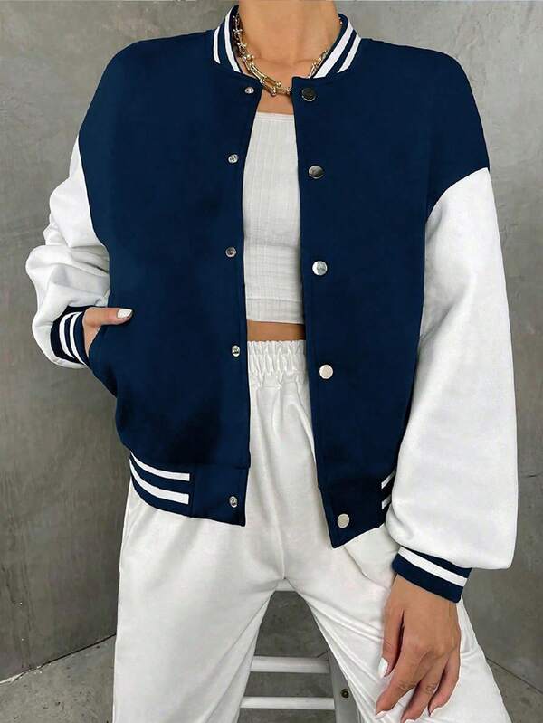 1 قطعة جاكيت بومبر فضفاض بألوان متناقضة وقطع ملائم للفتيات المراهقات، متعدد الاستخدامات، مناسب للخريف والشتاء