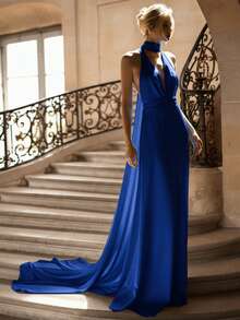 Basrey Nouvelle robe de soirée sirène élégante blanche à fines bretelles, col en V profond, taille haute, dos nu, en satin. Convient pour les mariages, les fêtes, les réceptions, la Saint-Valentin et d'autres occasions - bleu indigo - Voir 6