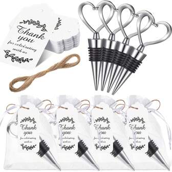 4-Piece/1 Set, 24 Piece/6 Set, 40 Piece/10 Set, Heart-Shaped Bottle Stopper Wedding Gift, Including Transparent Stiff Gauze Bag, Thank You Label, And Hemp Rope, Suitable For Weddings, Baby Showers, Birthdays, Bridal Showers, Party Gifts, Wedding Gifts, And Valentine's Day Decorations