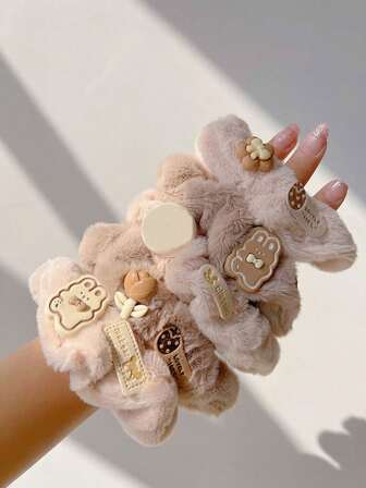 Set de 5 scrunchies de pelo elegantes de oso y conejo de estilo otoño/invierno - Accesorios de pelo suaves y mullidos multifuncionales, dóciles y lindos para amantes del café con leche, decoración de pelo para mujeres, rellenos de calcetines navideños, regalos de Navidad, regalos para mujeres