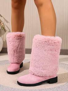 Cizme de zăpadă pentru femei, toamna/iarna 2025, până la jumătatea gambei, cizme scurte cu talpă groasă și căptușeală termică artificială, papuci de interior în stil western cu căptușeală pufoasă